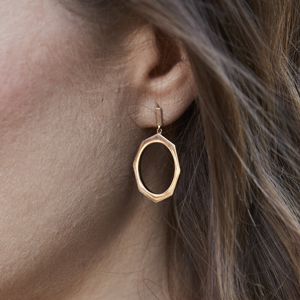 Rose Gold Drop Earrings Displayed on Ear By Irthly