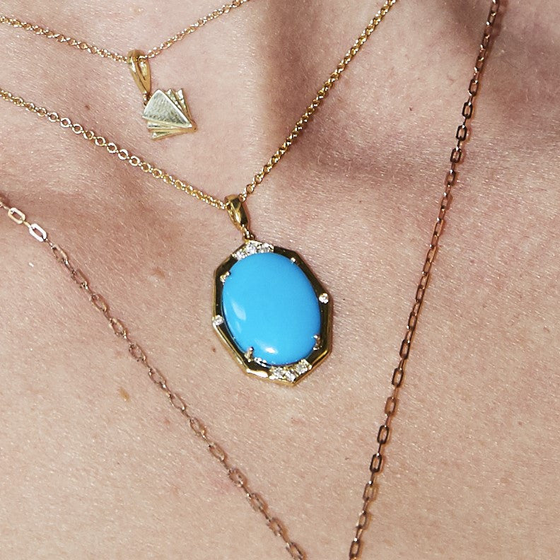 Small Diamond Pendant With Turquoise Center in Gold Jewelry-Affinity Sans Series