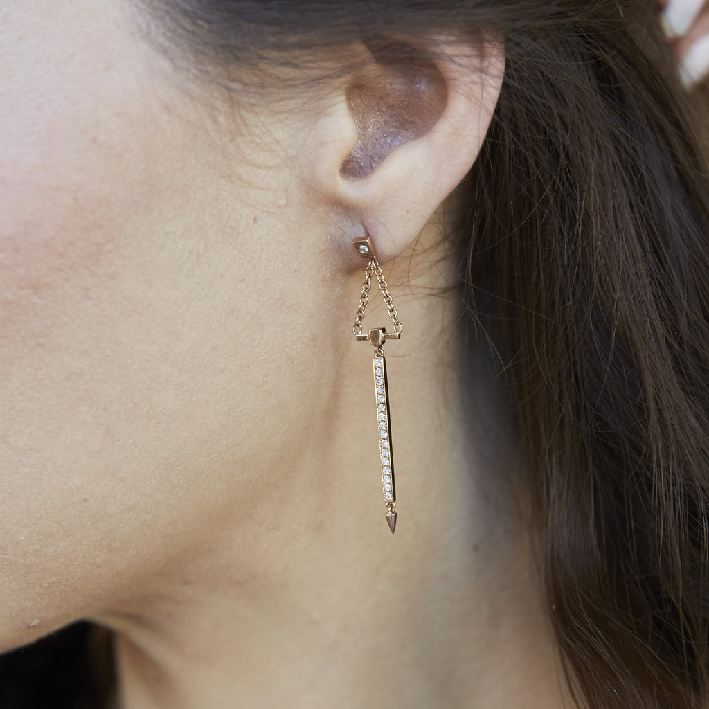 Diamond Bar Drop Earrings In Rose Gold Close-Up By Irthly