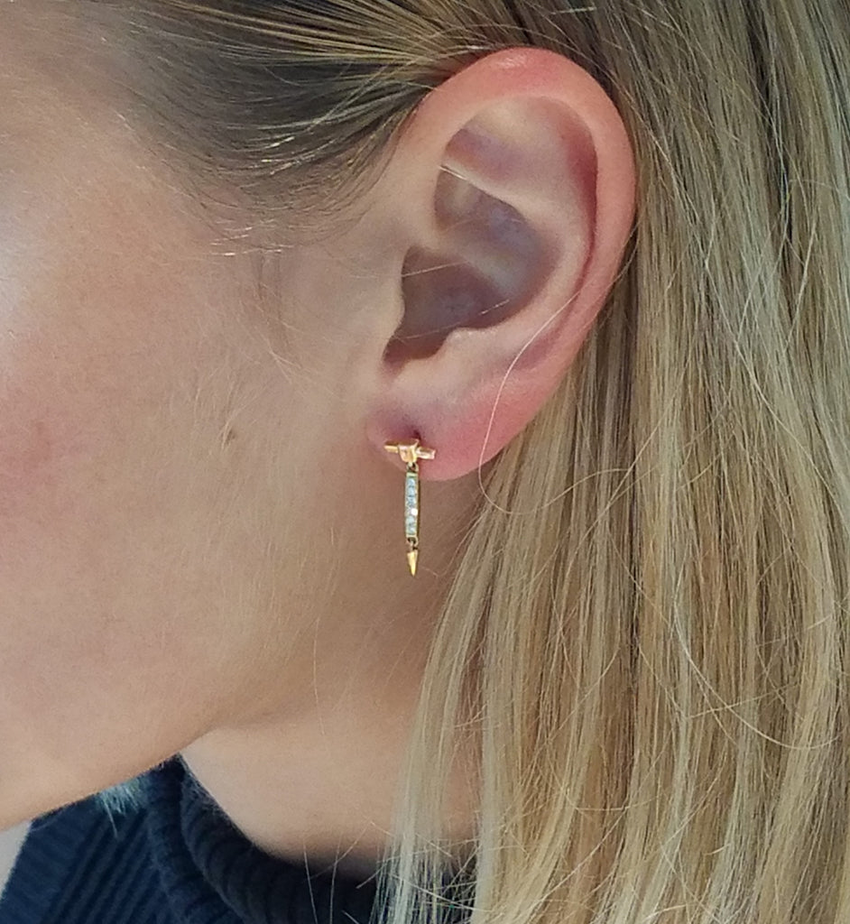 Diamond Bar Dangle Stud Earrings in Rose Gold on Model By Irthly