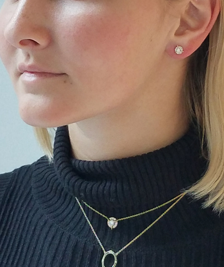 Dainty Diamond Necklace with Diamond Center In Yellow Gold On Model By Irthly
