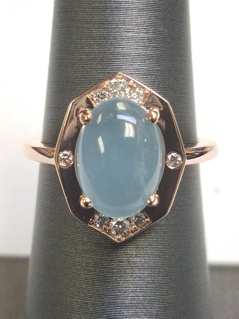 Diamond Ring With Aquamarine Center in Rose Gold By Irthly-Front View