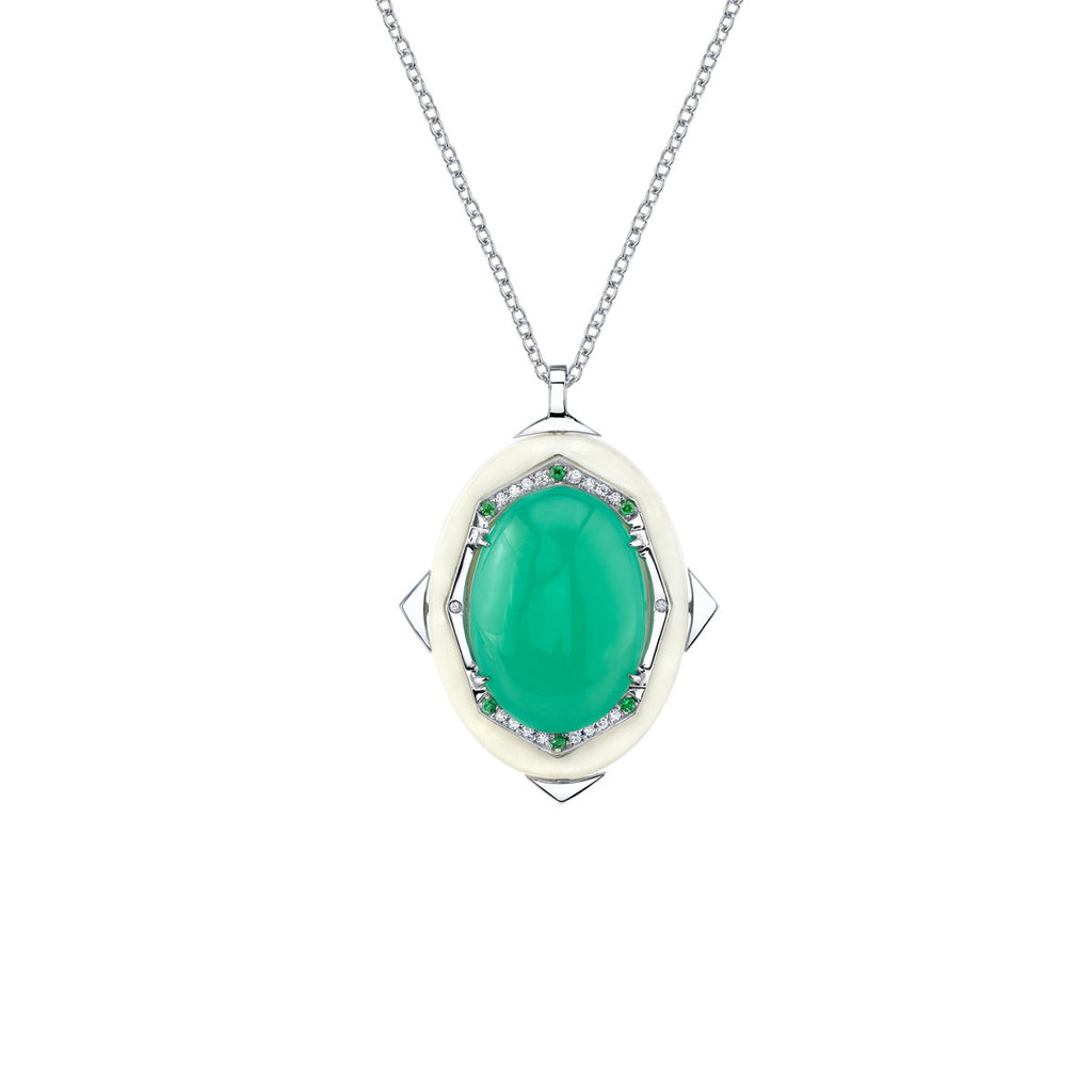 Affinity Diamond and Tsavorite Pendant with Rare Green Opal Center in 18k Gold Jewelry - Irthly