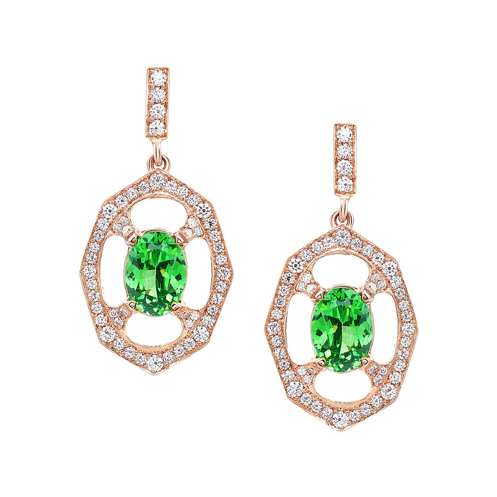 Tsavorite Garnet and Diamond Drop Earrings In Rose Gold By Irthly