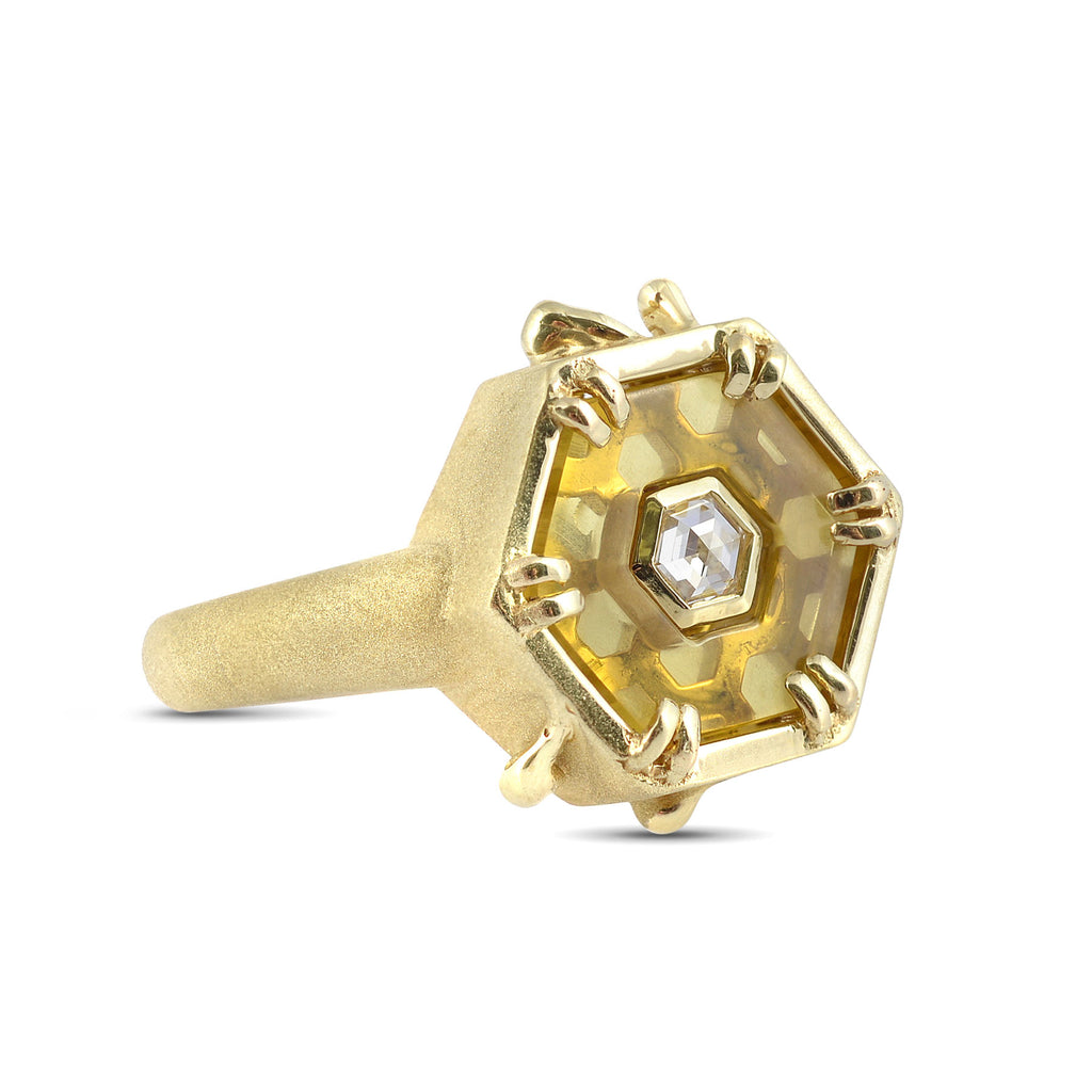 Hexagon Gold Ring with Amber and Diamonds | BeeHex Ring | Irthly