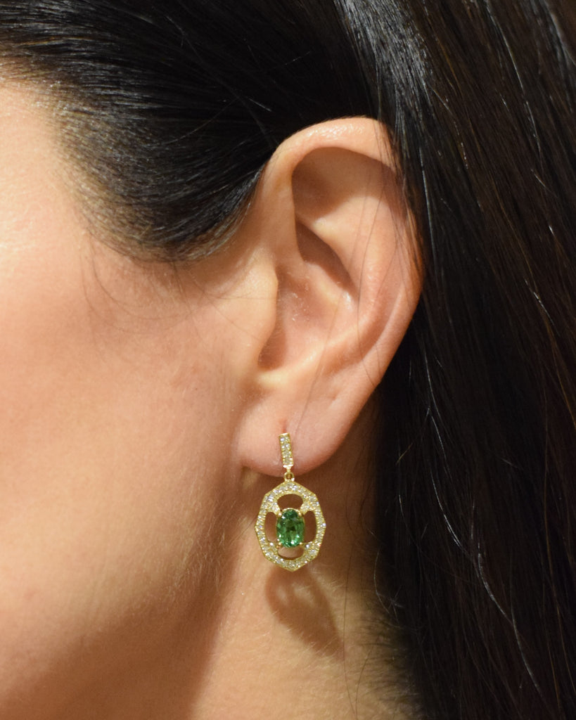 Tsavorite Garnet and Diamond Drop Earrings In Yellow Gold Displayed on Ear By Irthly