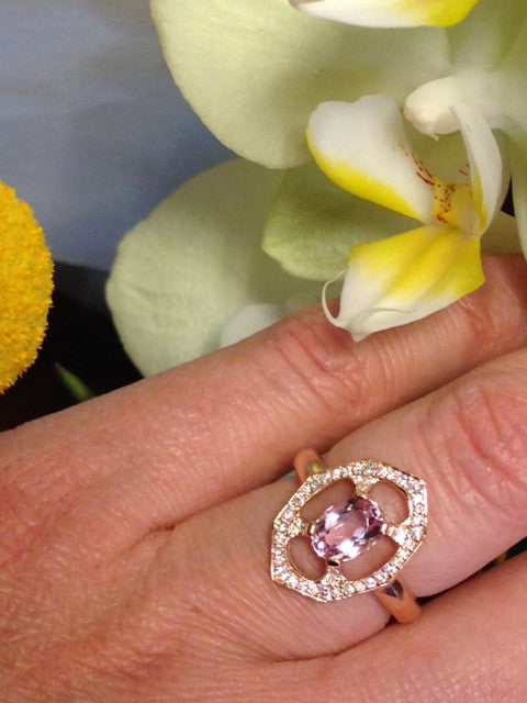 Pink Morganite Diamond Ring in Rose Gold Displayed on Finger By Irthly
