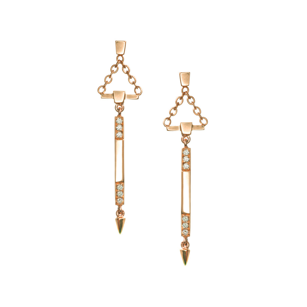 Small Diamond Bar Dangle Earrings With Spikes in Rose Gold By Irthly