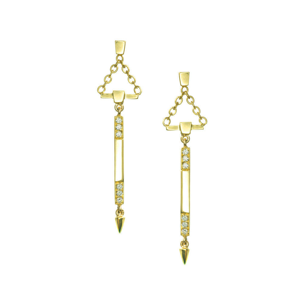 Small Diamond Bar Dangle Earrings With Spikes in Yellow Gold By Irthly