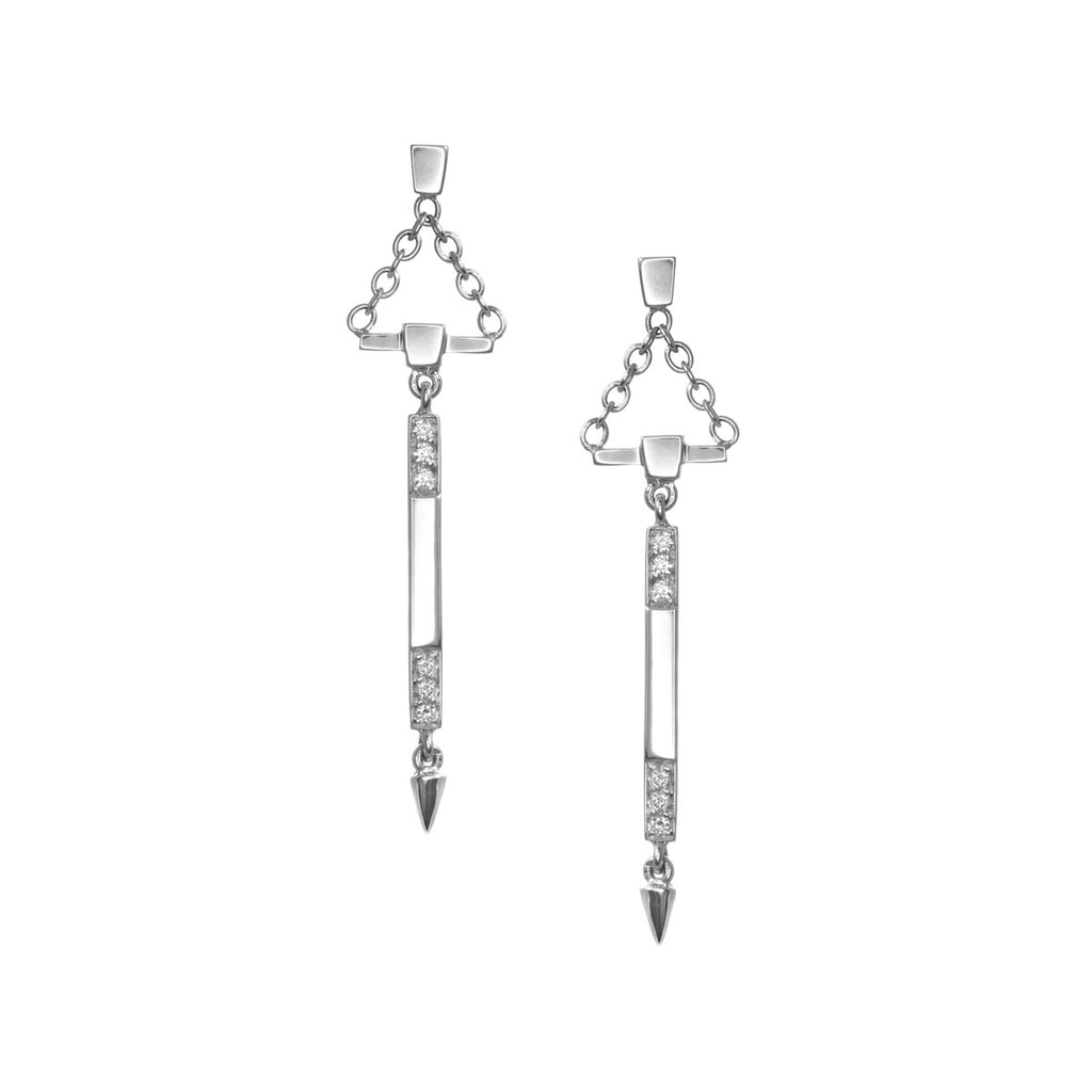 Small Diamond Bar Dangle Earrings With Spikes in White Gold By Irthly