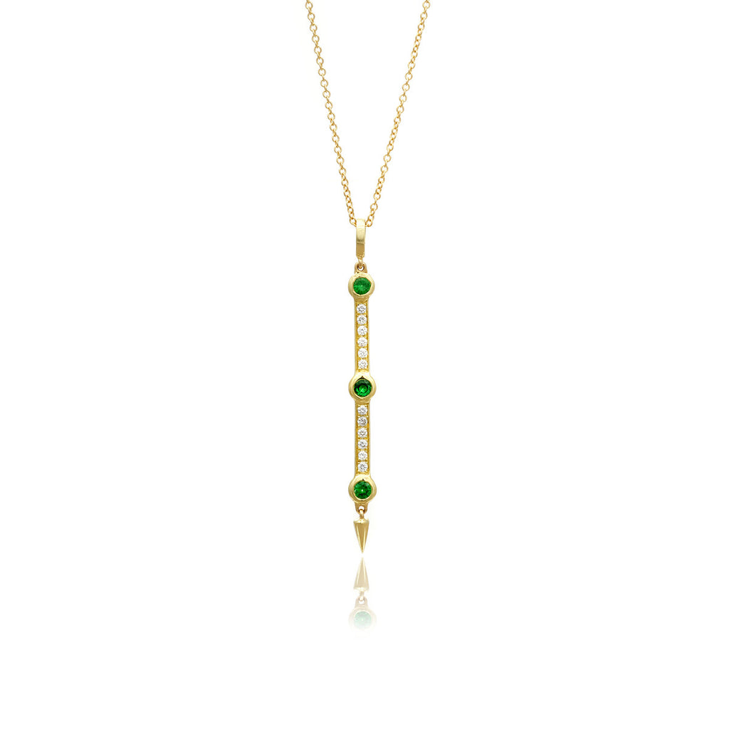 Diamond and Tsavorite Garnet Bar Pendant Necklace With Spike in Yellow Gold By Irthly