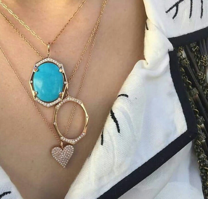 Turquoise and Diamond Pendant in Rose Gold By Irthly Displayed on Model