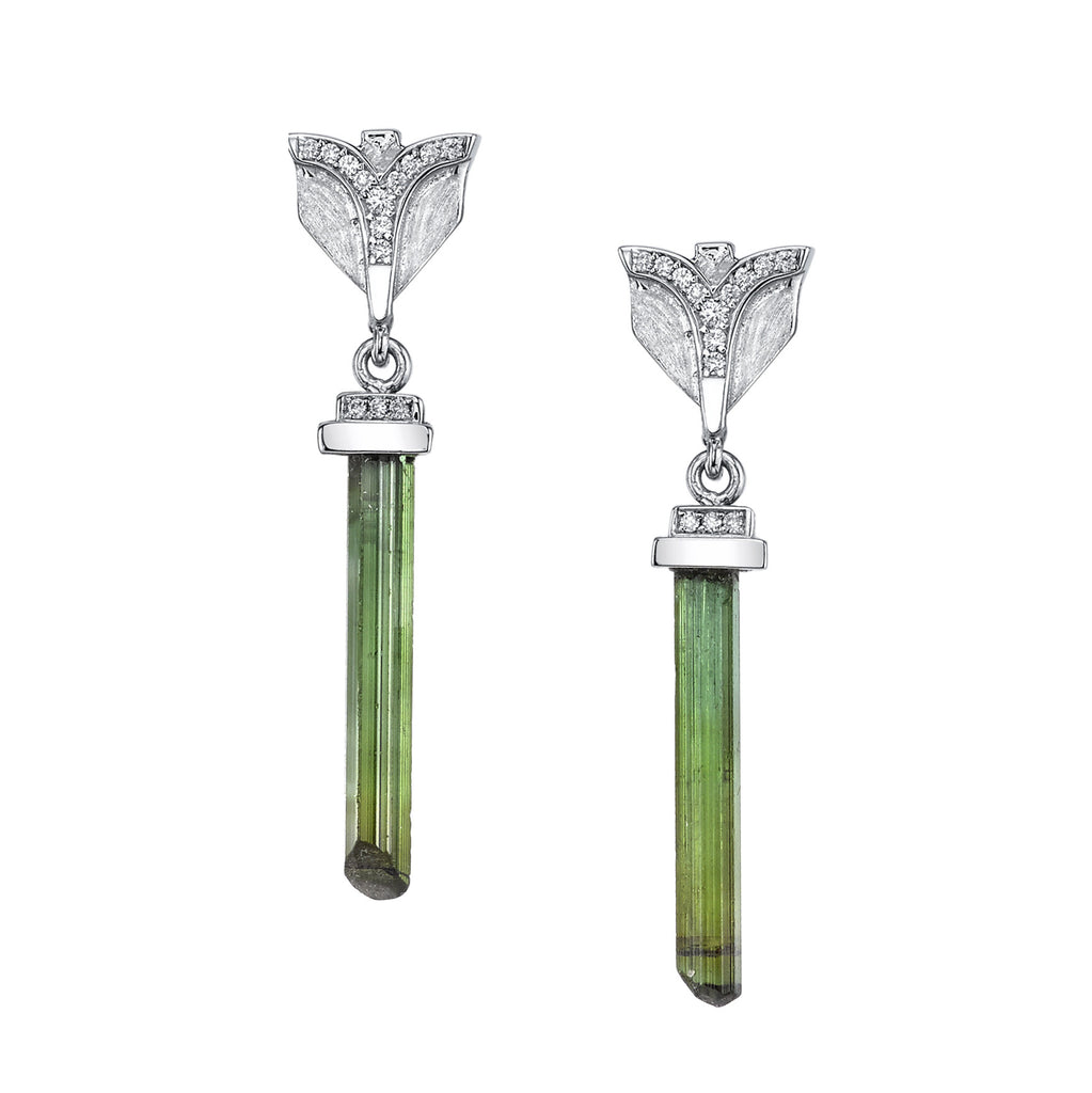 Deco Sans Terminals Diamond and Tourmaline Crystal Earrings in 18k Gold Jewelry - Irthly - 1