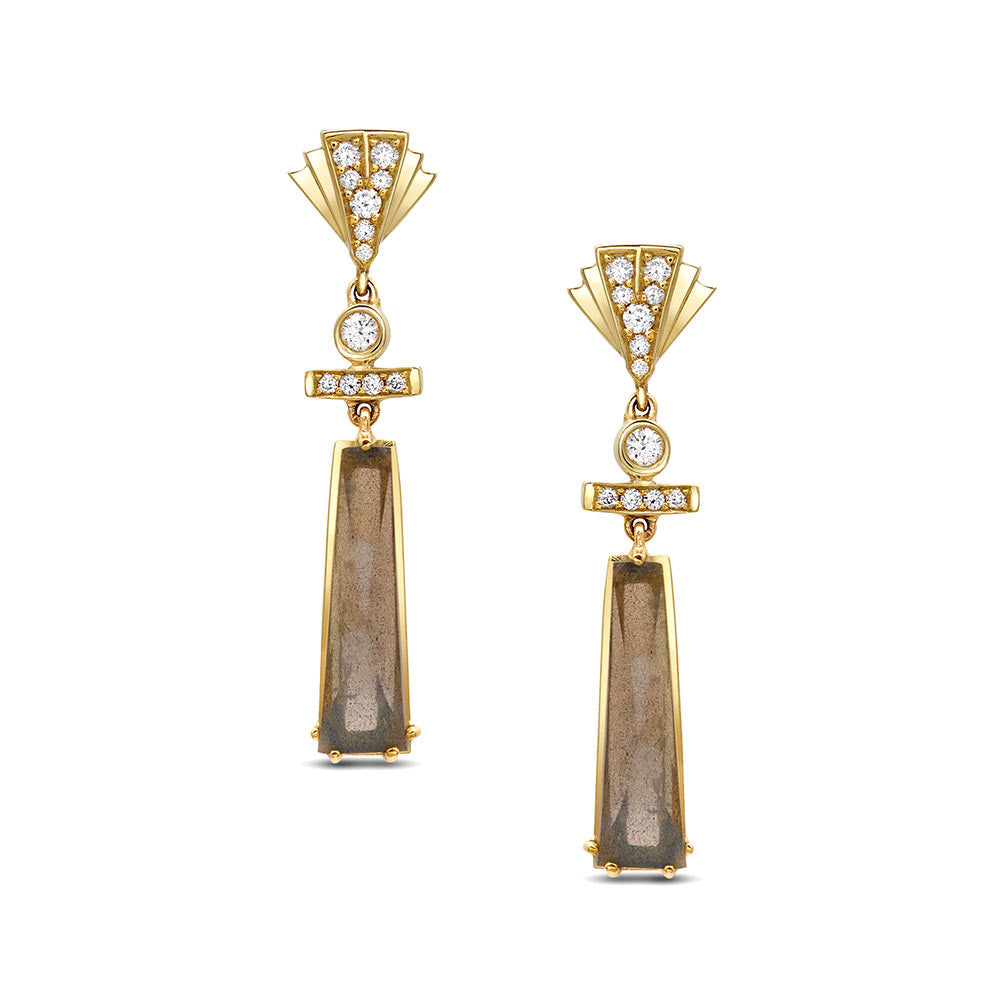 Fan Diamond Dangle Earrings with Labradorites in Gold Jewelry-Deco Sans Series