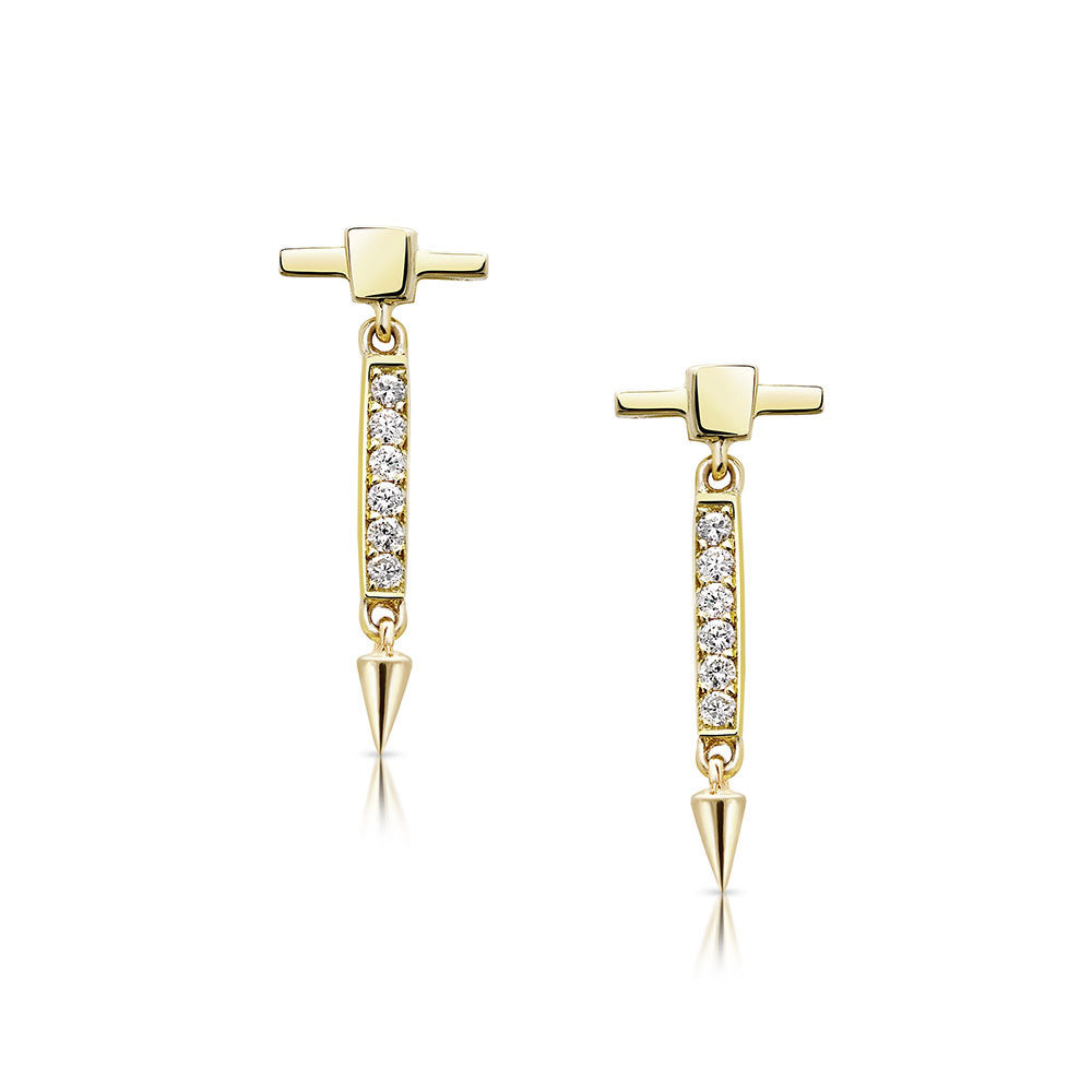Diamond Bar Dangle Stud Earrings in Yellow Gold By Irthly