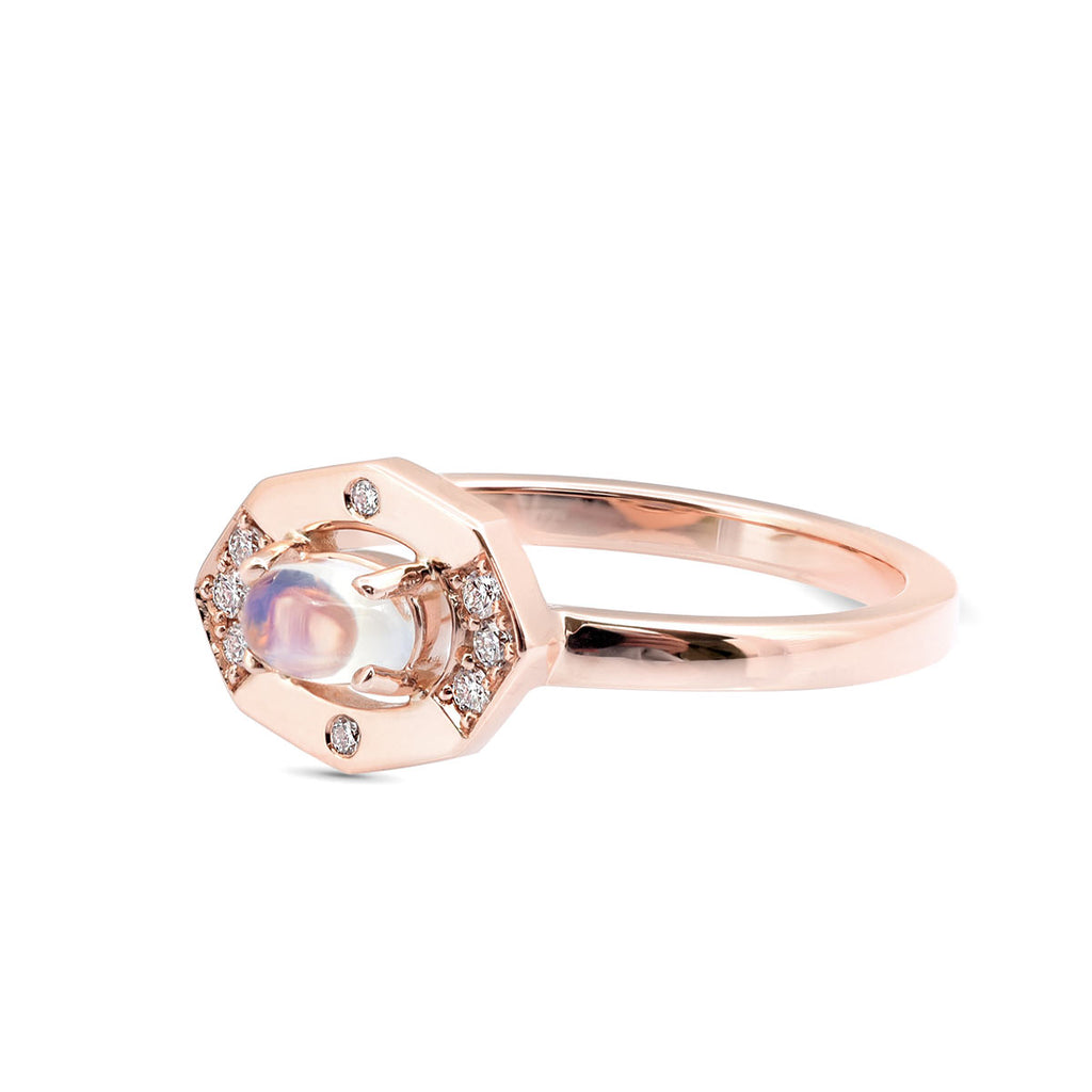 Dainty Moonstone and Diamond Vertical Ring Seen in Rose gold